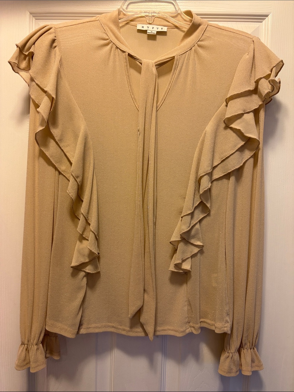 HYFVE Beige Sheer Sparkly Ruffle Tie-Neck Blouse